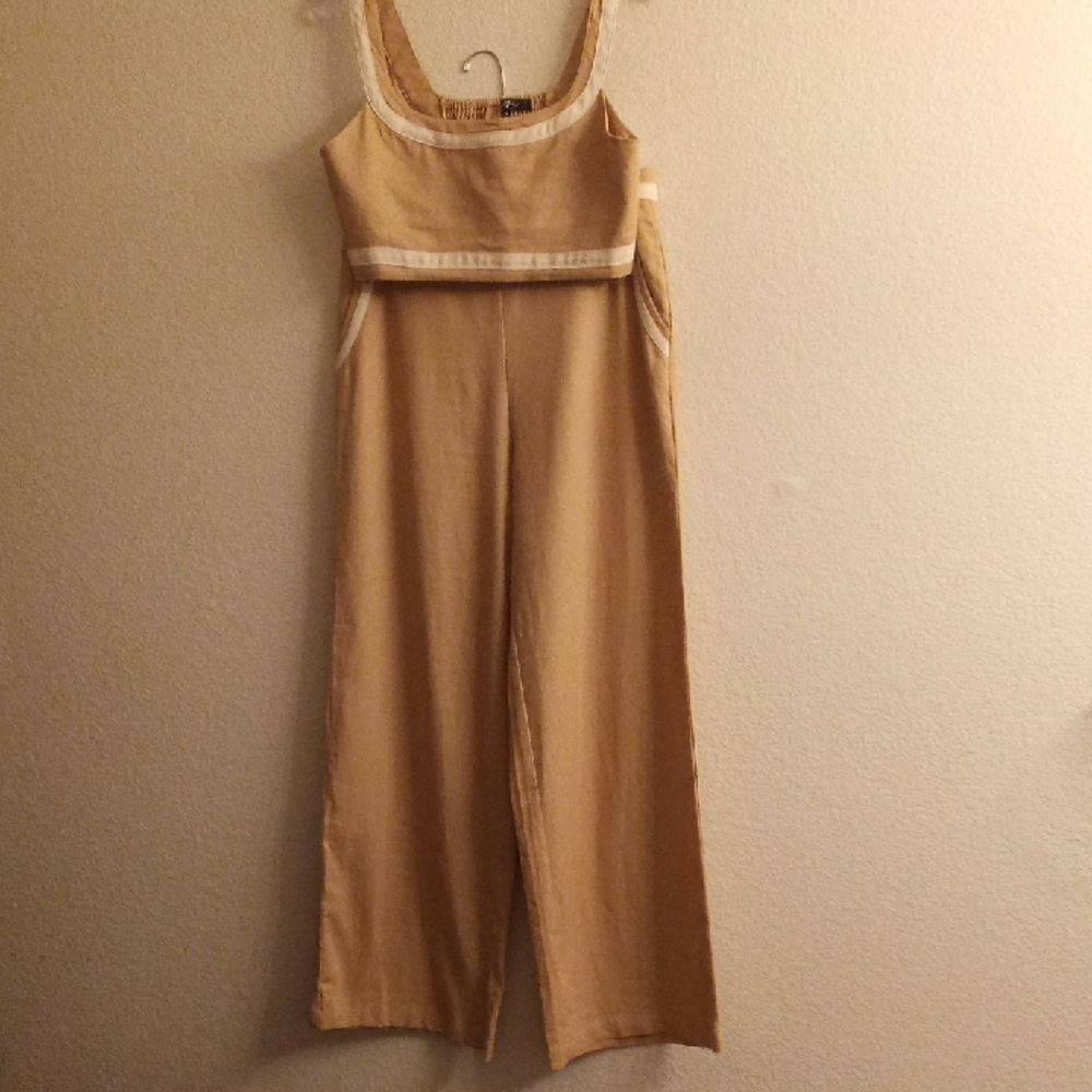 NEW 7 For All Man kind Sz M Elegant Tan Linen 2 Piece Crop Top & Pants B28 X P